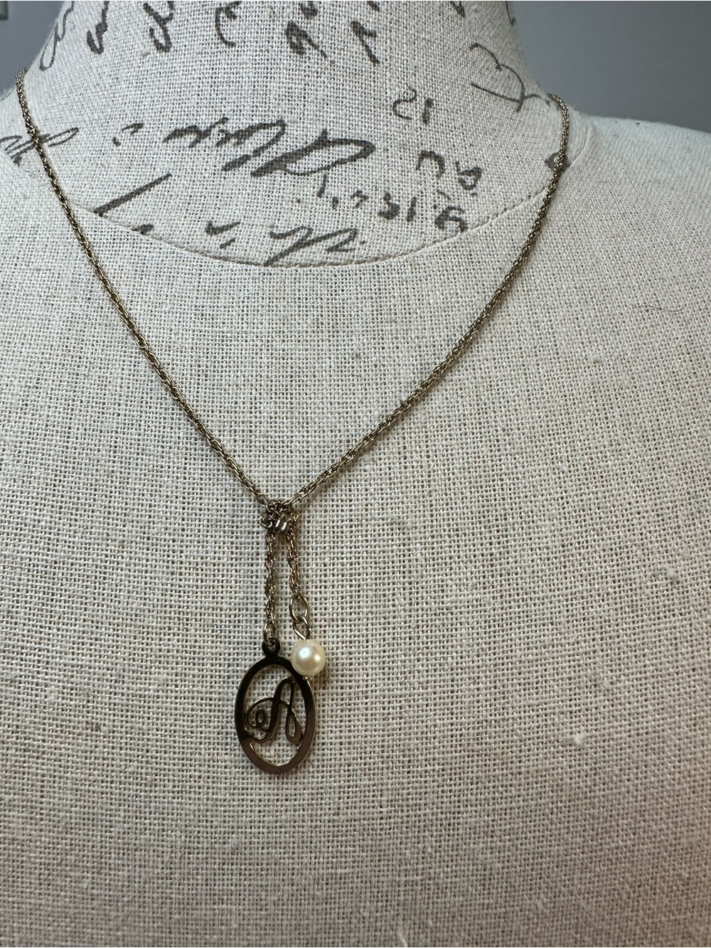 Vintage Avon Gold-Tone Initial A Necklace with Pearl Accent